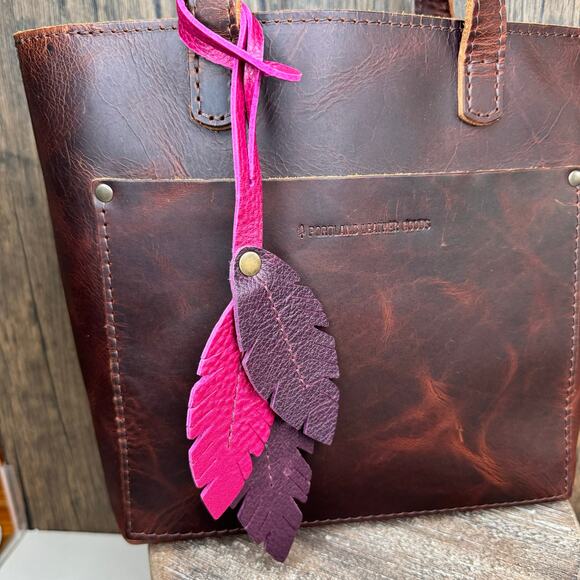 Portland Leather Feather Tassel Plum Leather Bag Charm FAST SHIP - Picture 1 of 6